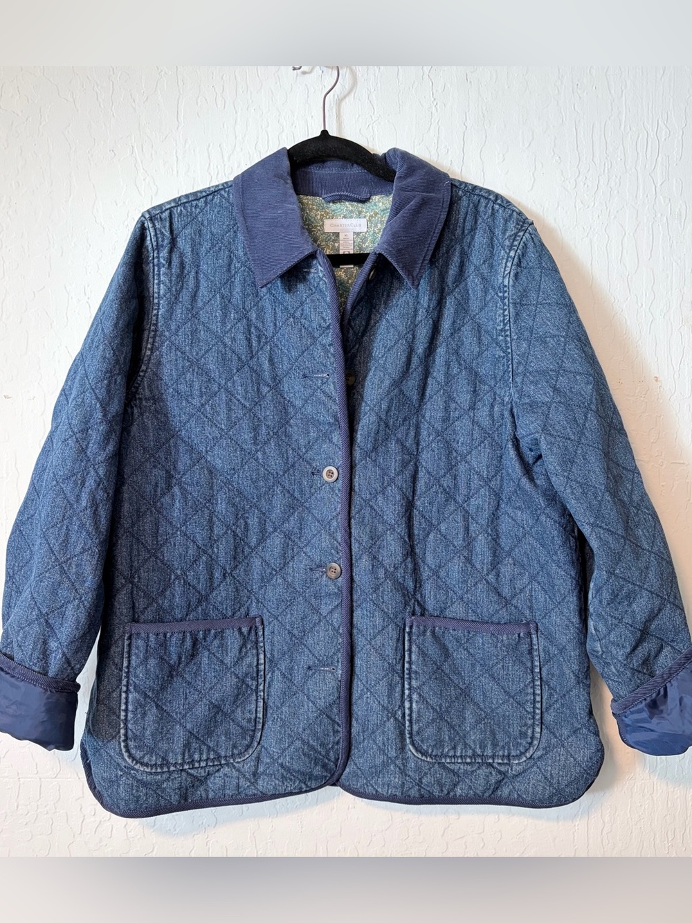 Charter Club Quilted Denim Utility Jacket - Navy Blue
